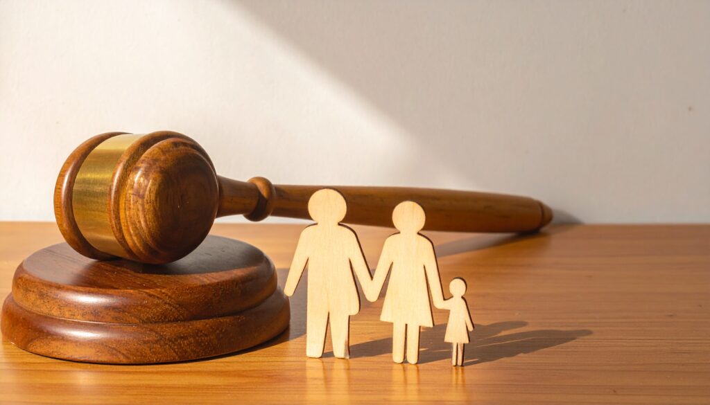 Wooden Judge Gavel and Sound Block Next to a Wooden Family Cutout